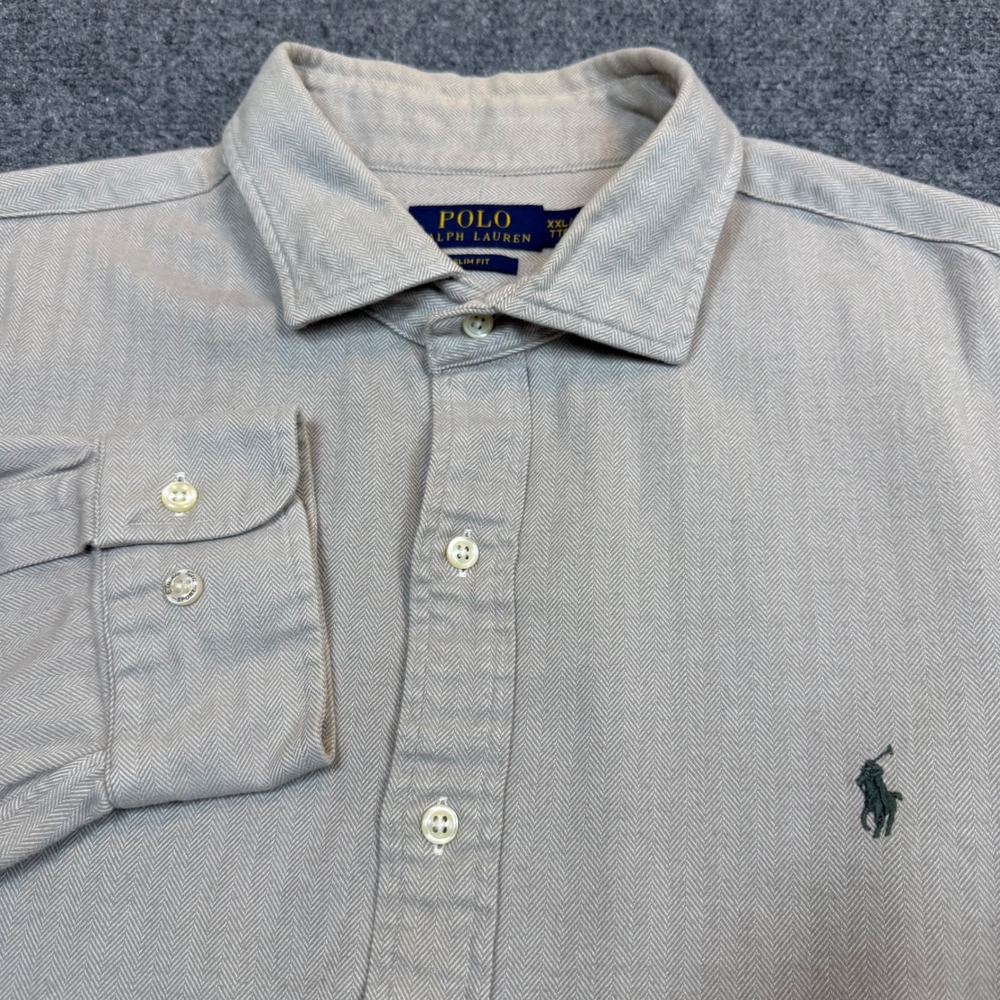 Polo Ralph Lauren Slim Fit Herringbone Button Down Shirt Tan XXL Mens LS